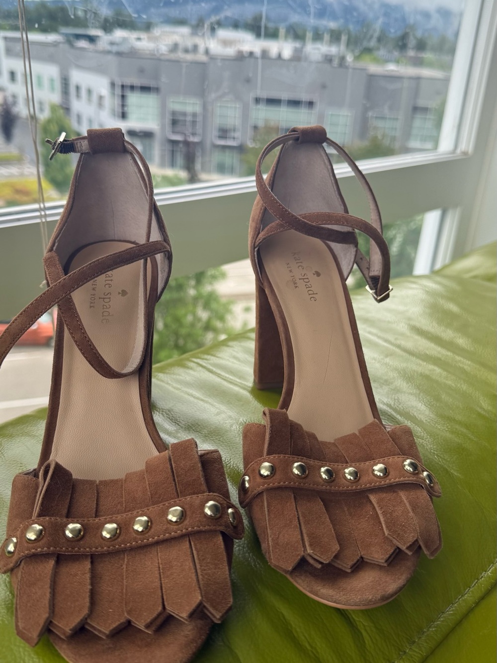 kate spade Brown Suede Fringe Stud Block Heels